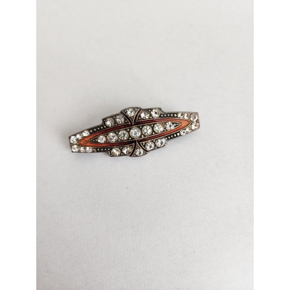 Vintage Art Deco Rhinestone Bar Brooch Copper Enamel Silver Tone Geometric Pin
